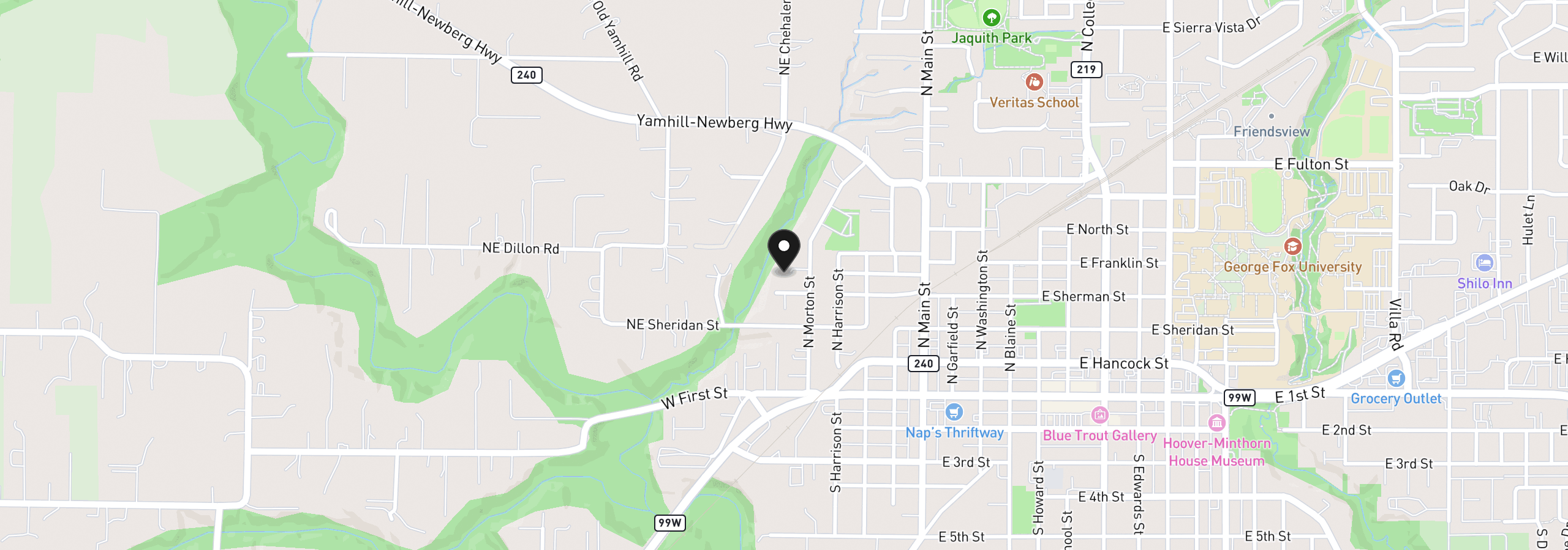 Map showing the location of 419 N Morton St, Newberg, OR 97132