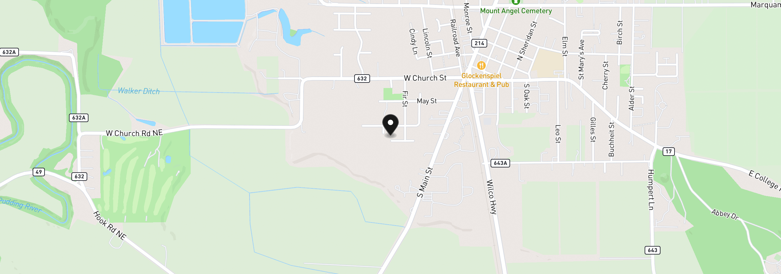 Map showing the location of 535 Maple St, Mt. Angel, OR 97362
