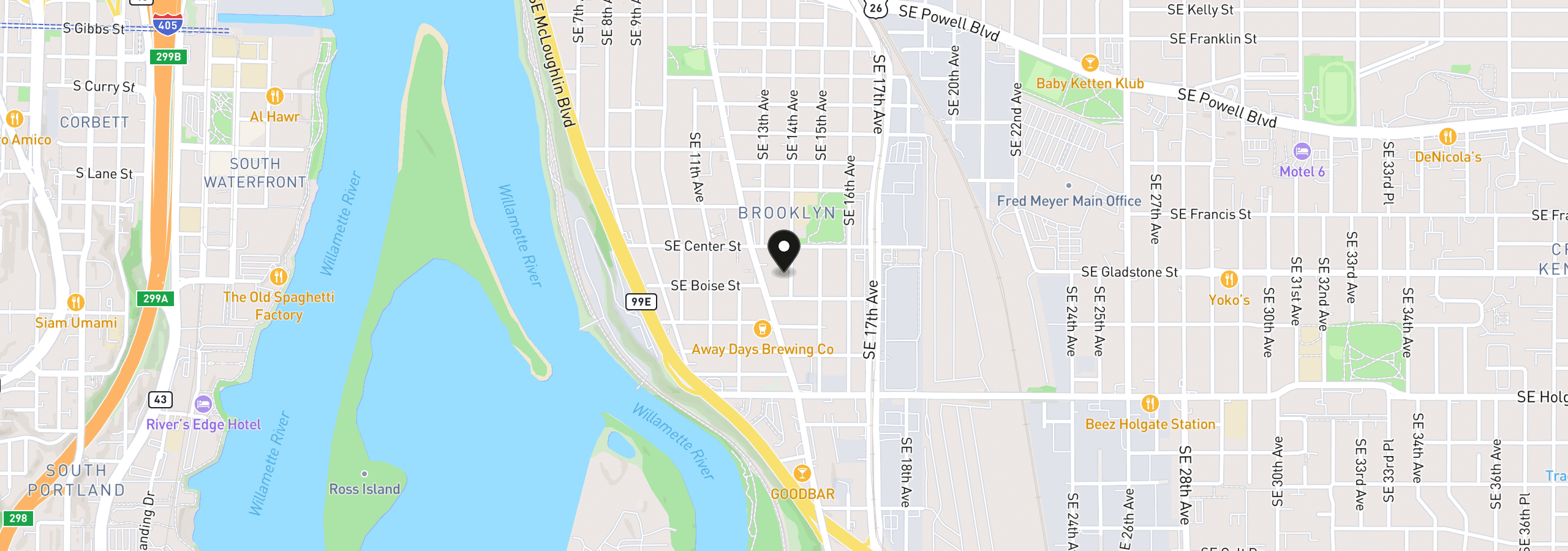 Map showing the location of 4105 SE 14th Ave, Portland, OR 97202