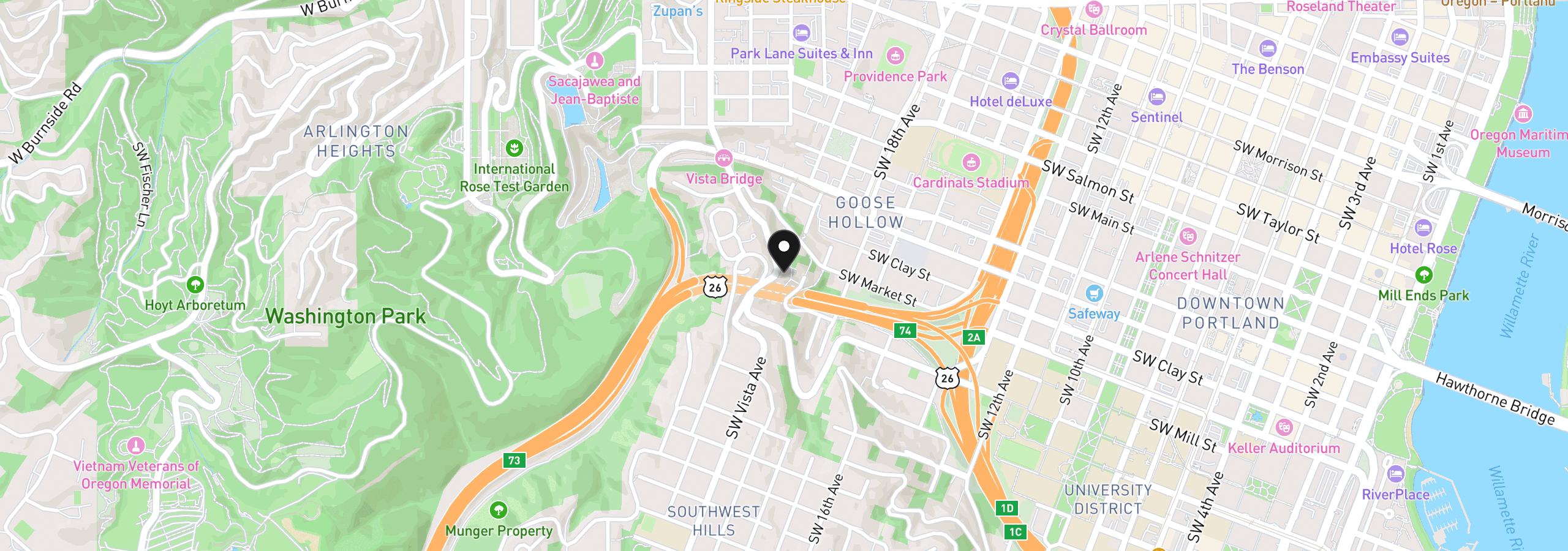 Map showing the location of 1636 SW Vista Ave, Portland, OR 97201