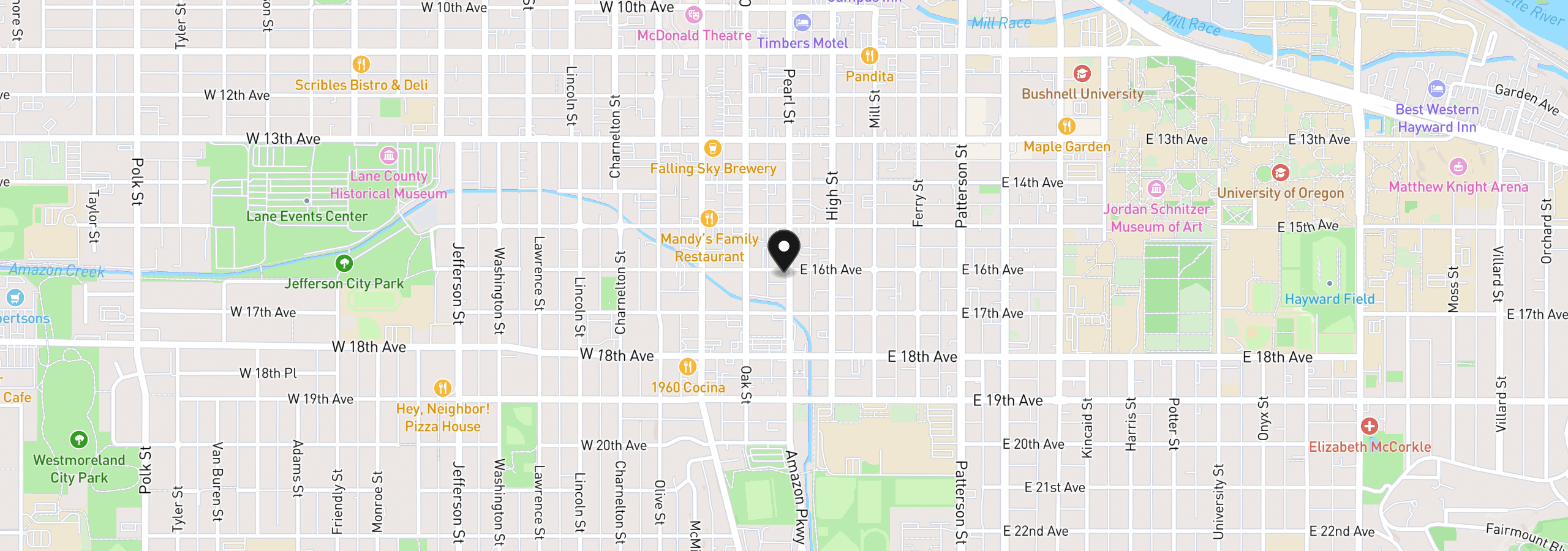Map showing the location of 1600 Pearl St 607, Eugene, OR 97401