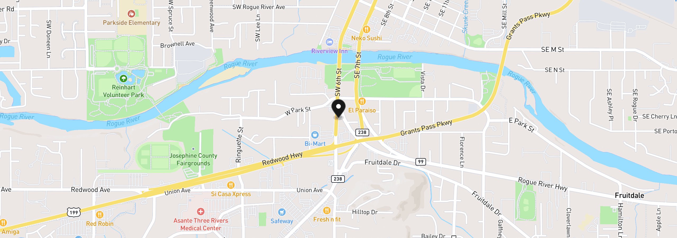 Map showing the location of Redwood Hwy, Grants Pass, OR 97527