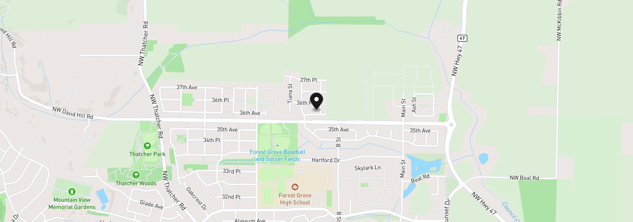 Map showing the location of 1687 36th Ave, Forest Grove, OR 97116