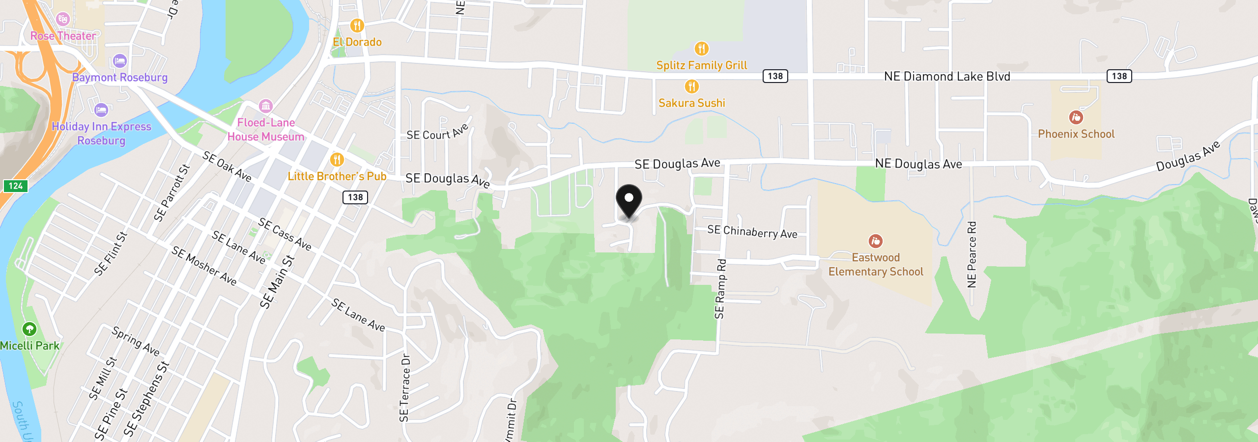 Map showing the location of 522 SE Hillside Dr, Roseburg, OR 97470