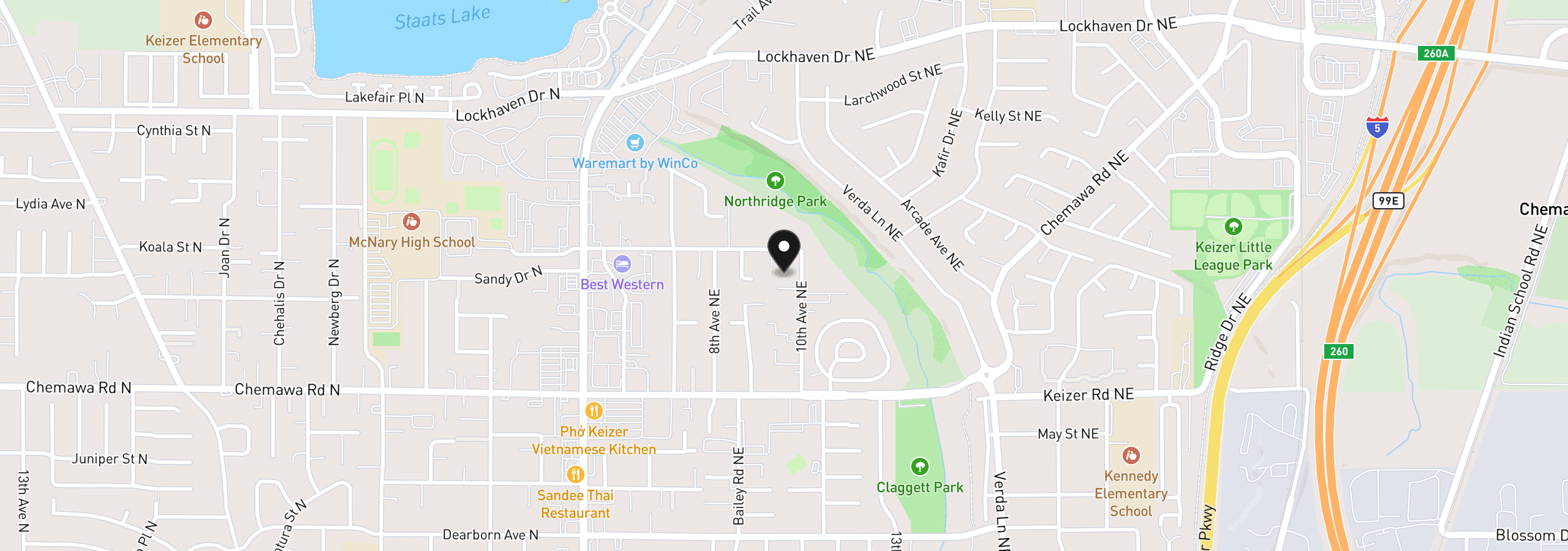 Map showing the location of 5173 10th Ave NE, Keizer, OR 97303