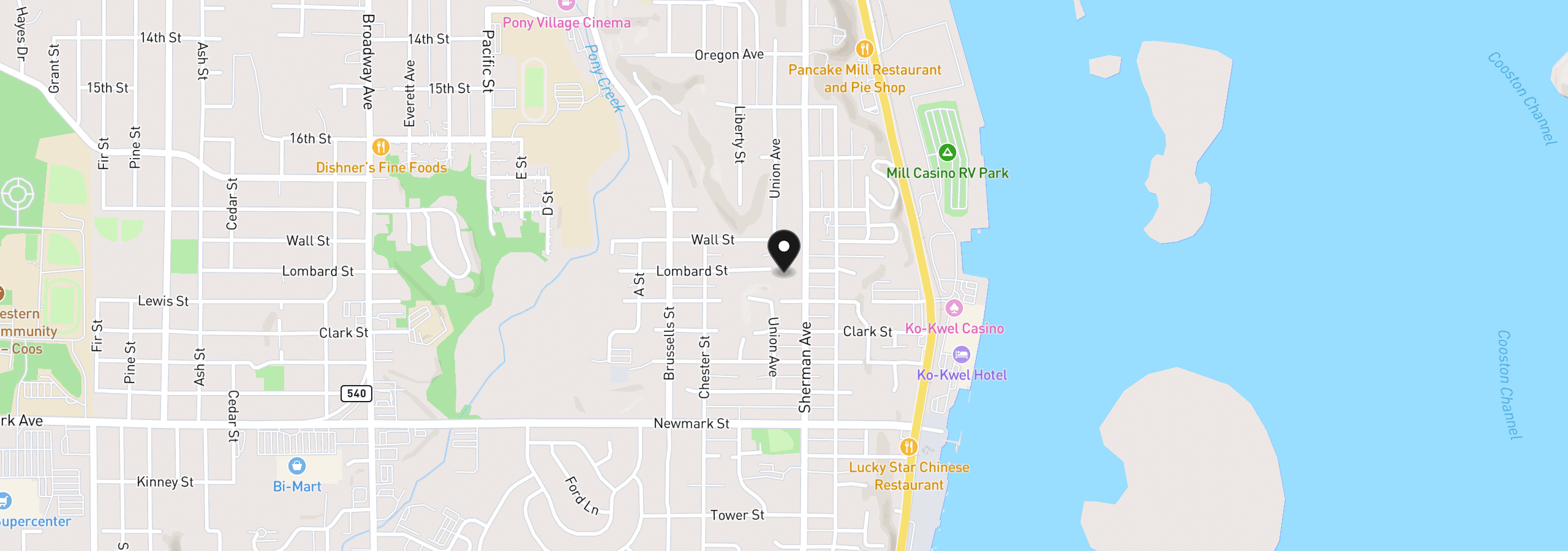 Map showing the location of 777 Lombard St, North Bend, OR 97459
