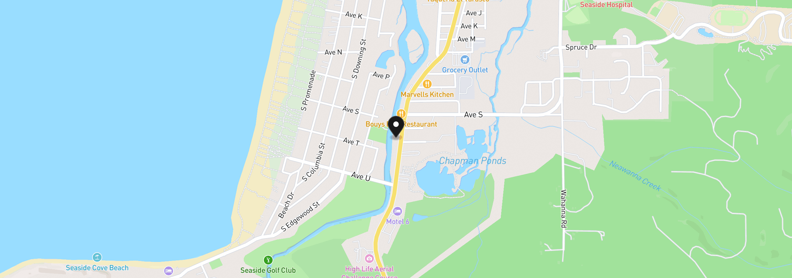 Map showing the location of 1900 S Roosevelt Dr, Seaside, OR 97138