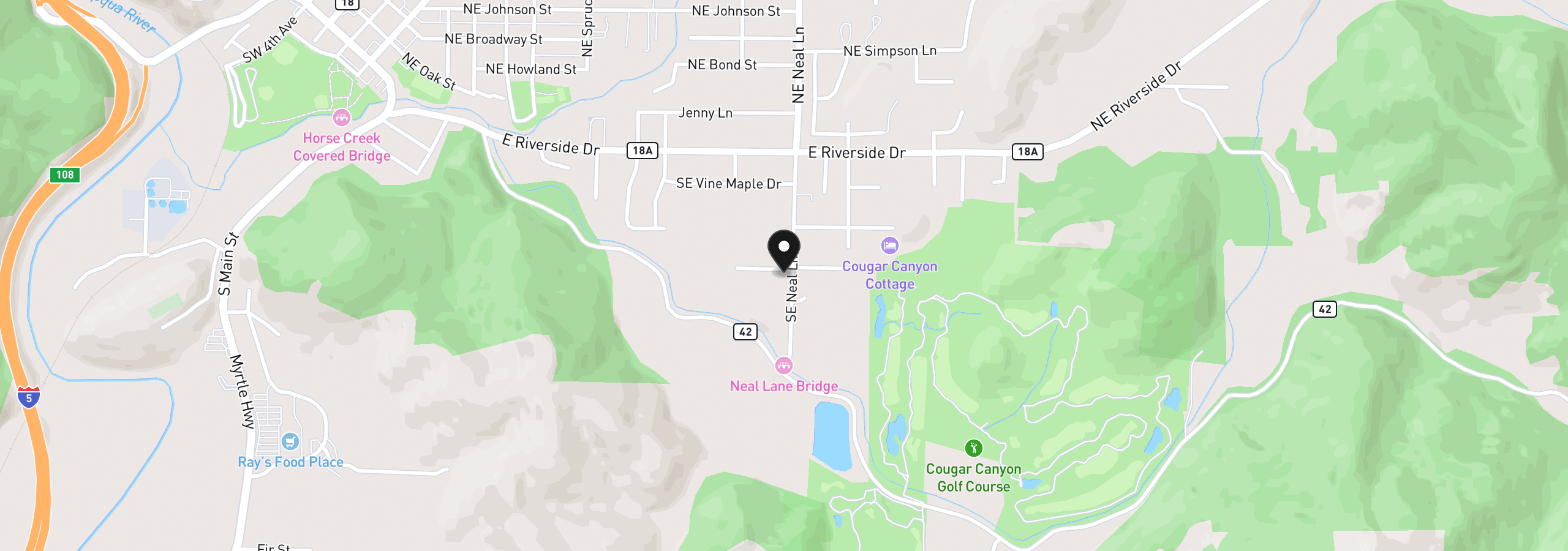 Map showing the location of 330 SE Neal Ln, Myrtle Creek, OR 97457