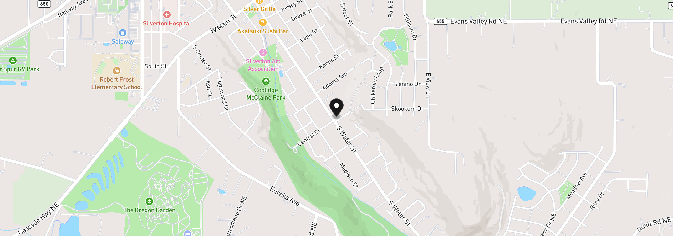 Map showing the location of 845 S Water St, Silverton, OR 97381