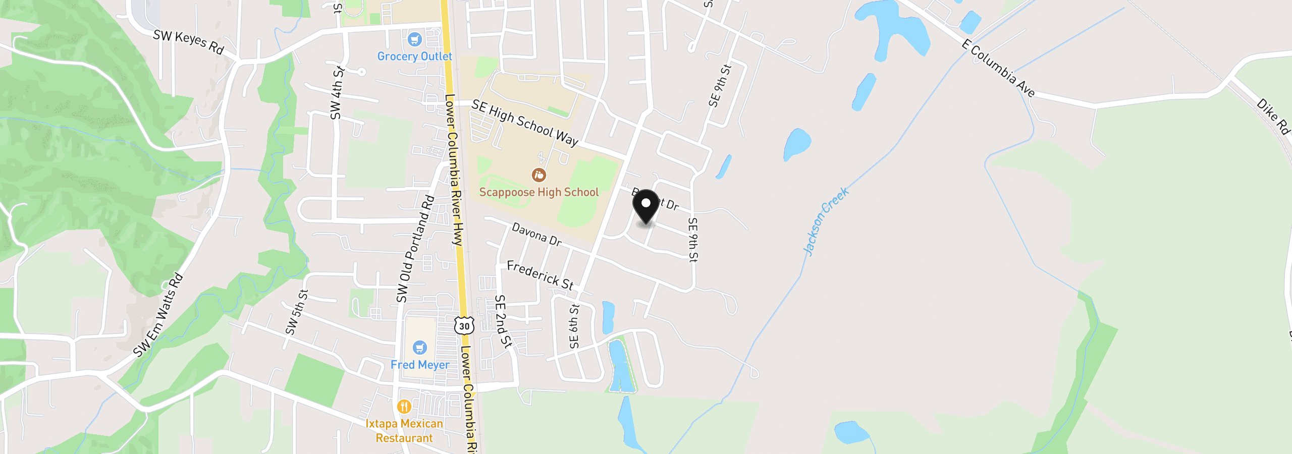 Map showing the location of 51773 SE 8th St, Scappoose, OR 97056