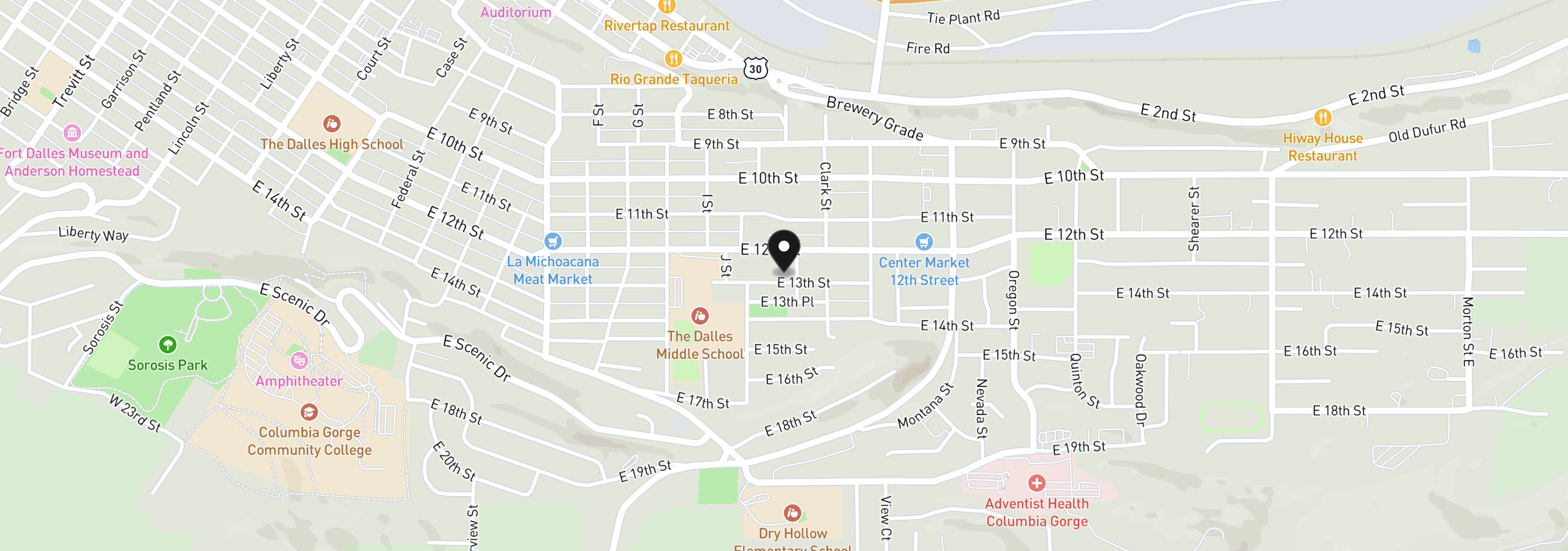 Map showing the location of 1321 E 13th St, The Dalles, OR 97058