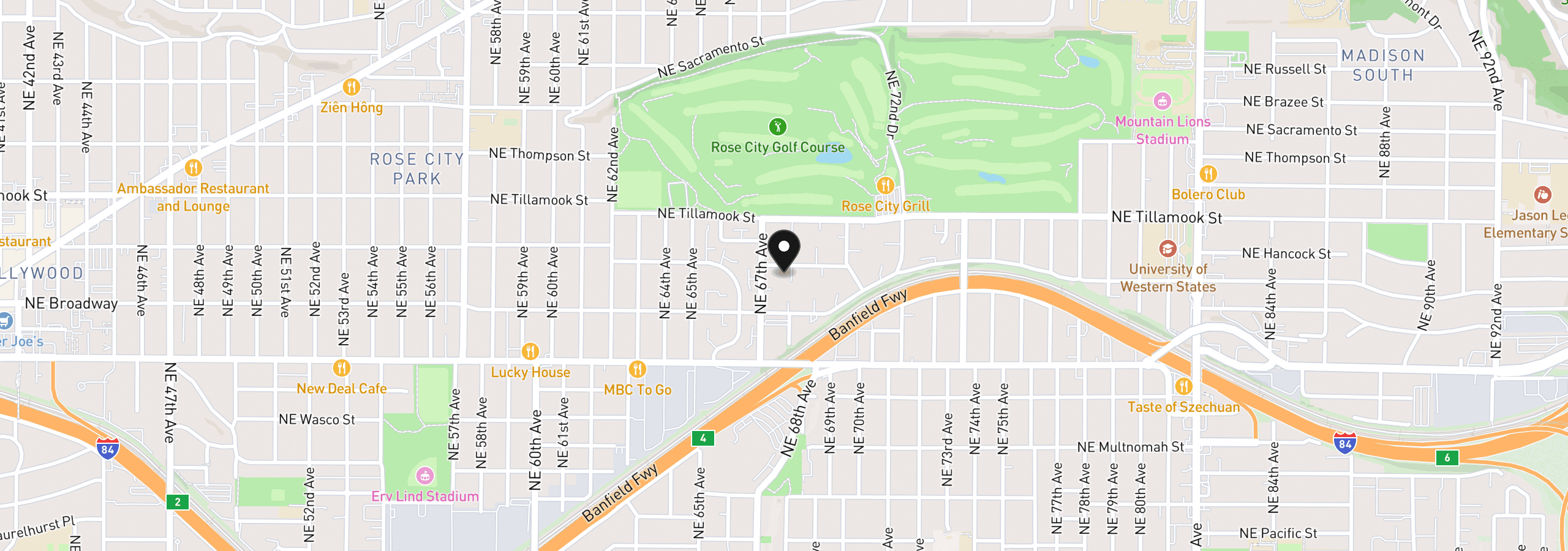 Map showing the location of 6728 NE Hancock St, Portland, OR 97213