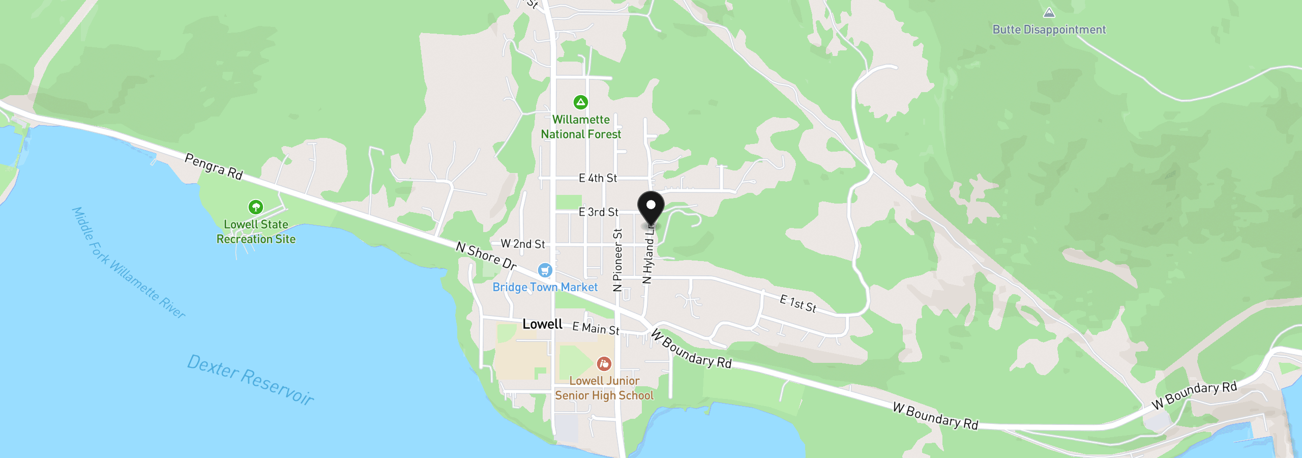 Map showing the location of 06000 N Hyland Ln, Lowell, OR 97452