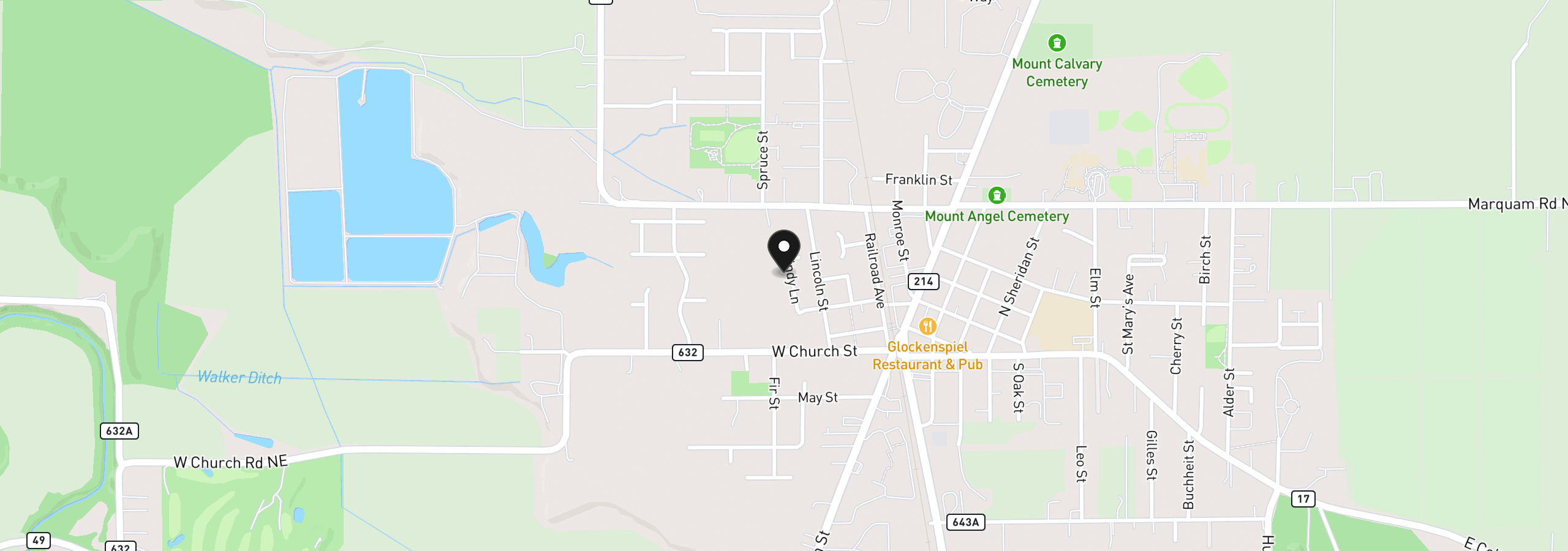 Map showing the location of 360 Cindy Ln, Mt. Angel, OR 97362
