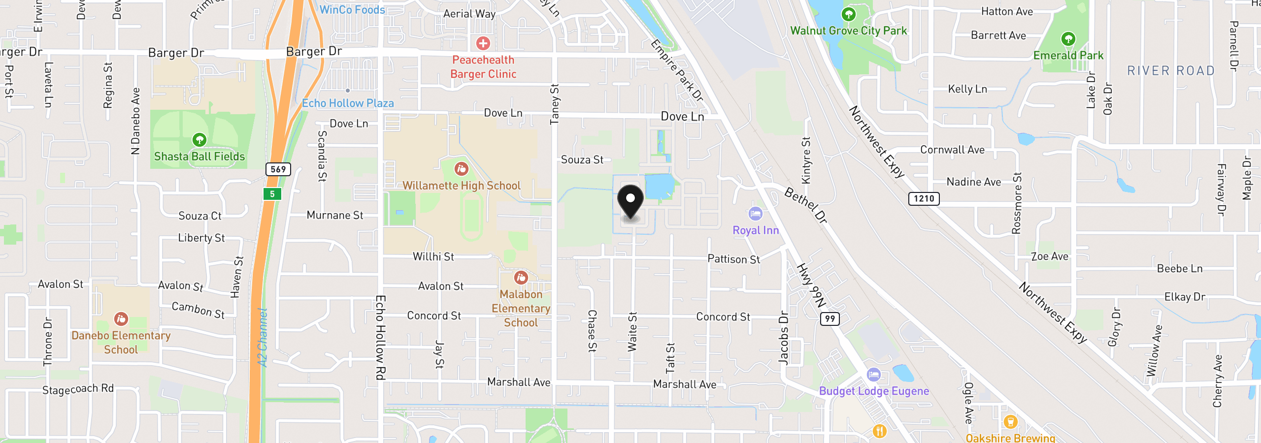 Map showing the location of 1800 Lakewood Ct 127, Eugene, OR 97402