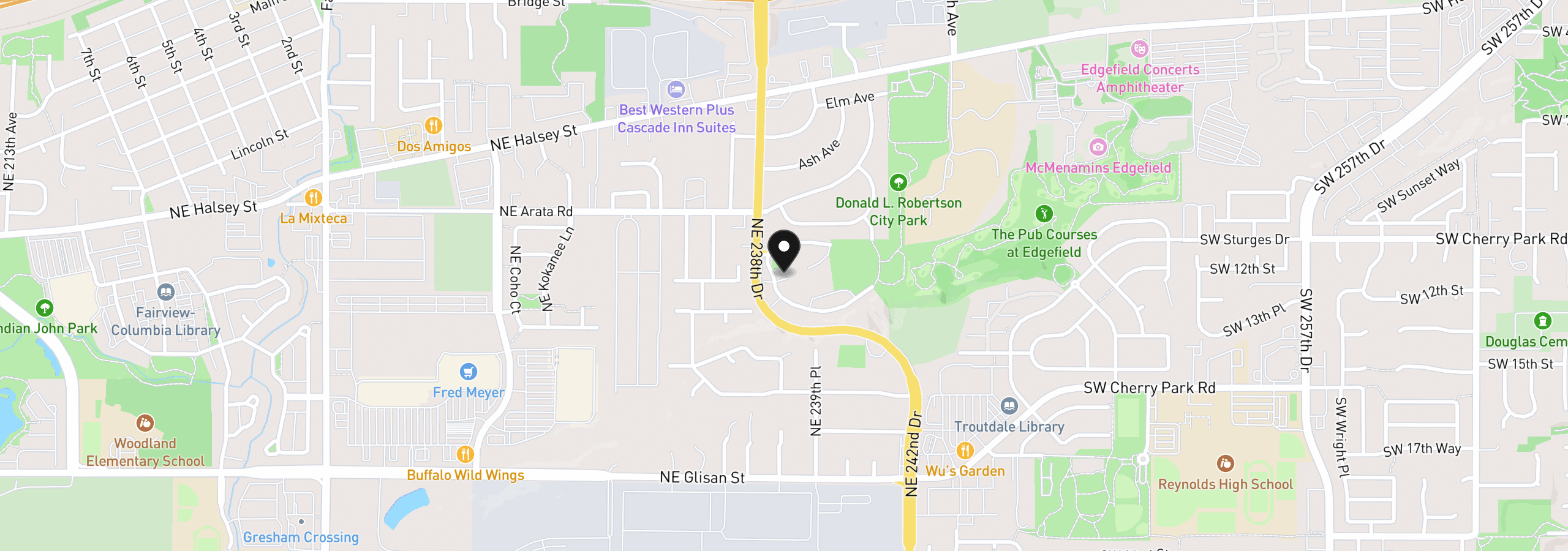 Map showing the location of 23823 NE Treehill Dr, Wood Village, OR 97060