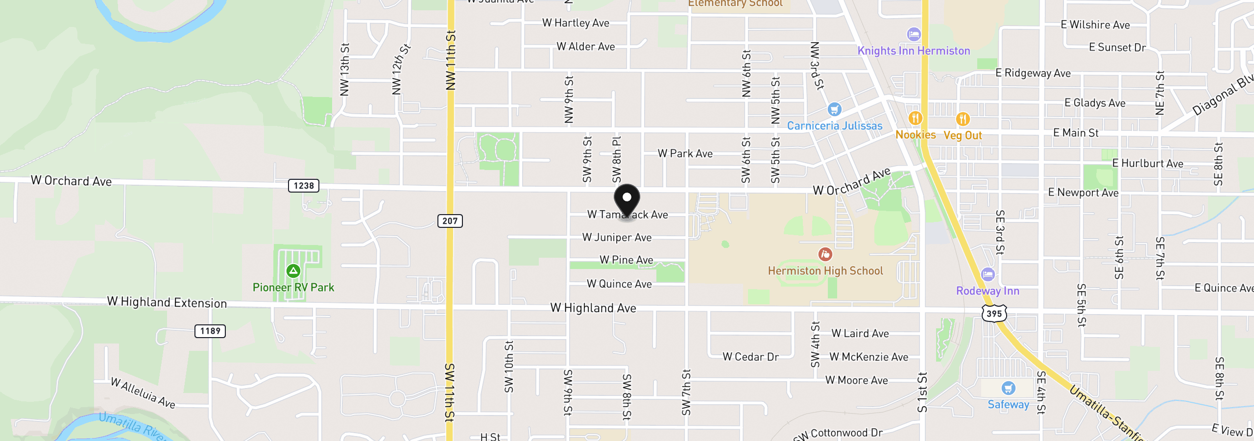 Map showing the location of 799 W Tamarack Ave, Hermiston, OR 97838