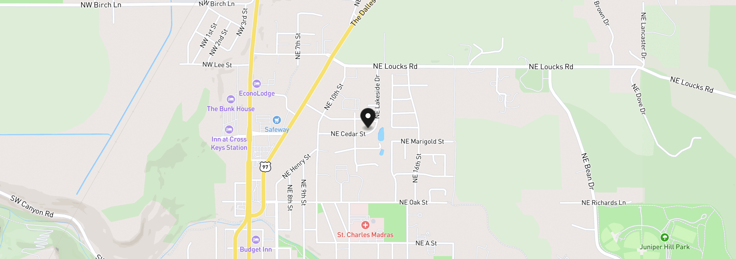 Map showing the location of 444 NE Cedar St, Madras, OR 97741