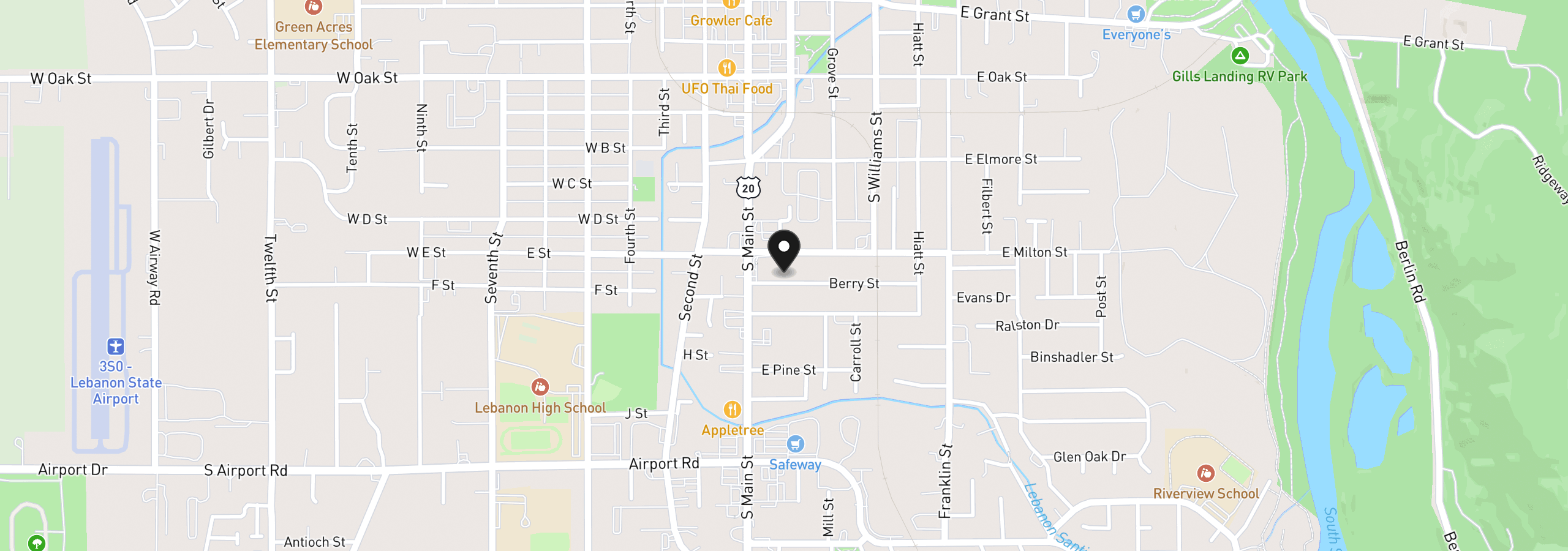 Map showing the location of 105 SE Berry St, Lebanon, OR 97355