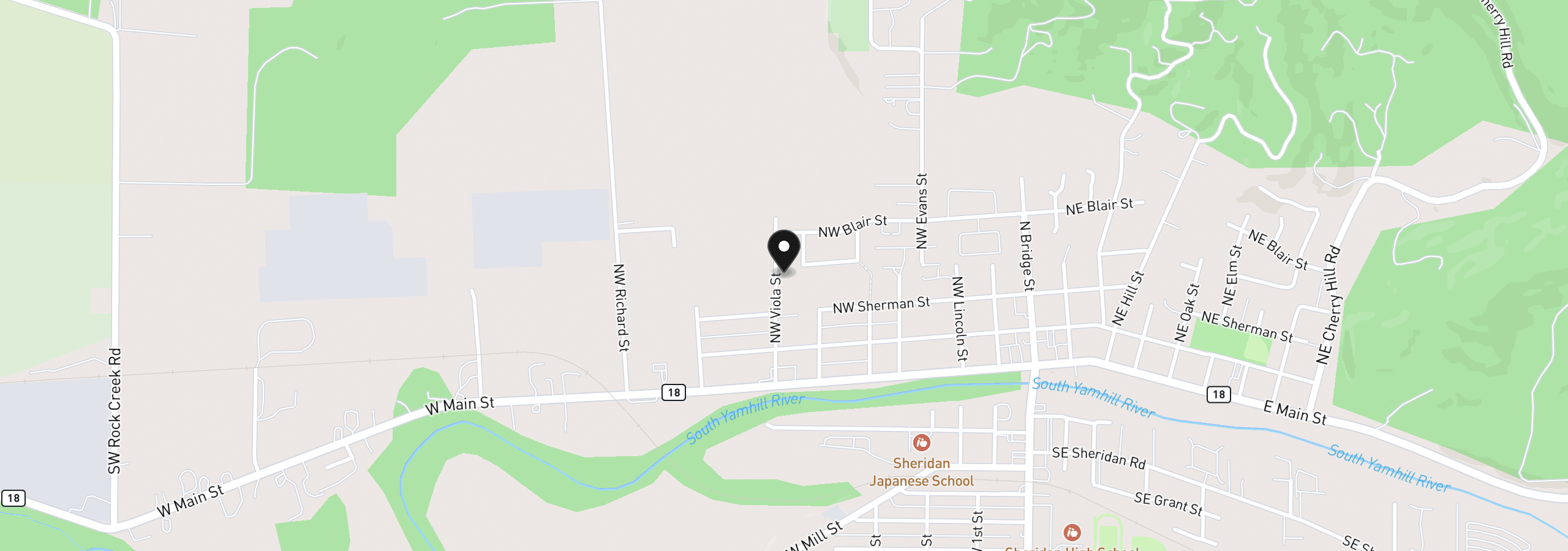 Map showing the location of 405 NW Viola St, Sheridan, OR 97378