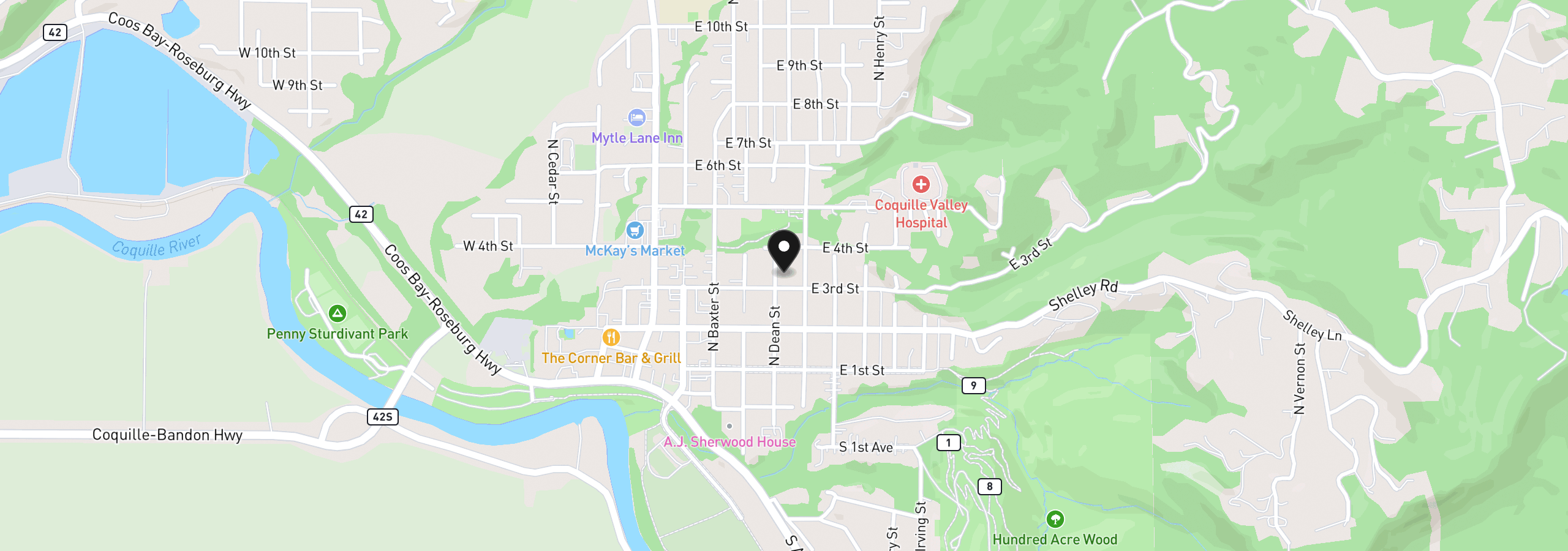 Map showing the location of 326 N Dean St, Coquille, OR 97423