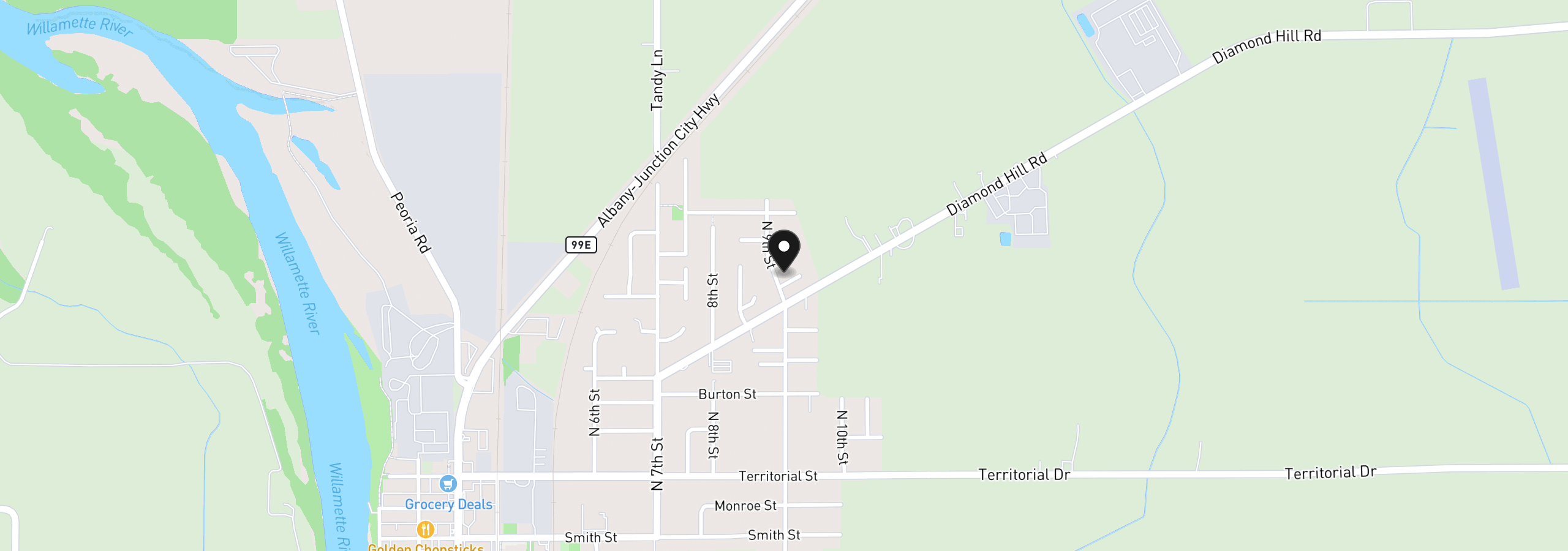 Map showing the location of 730 N 9th St, Harrisburg, OR 97446