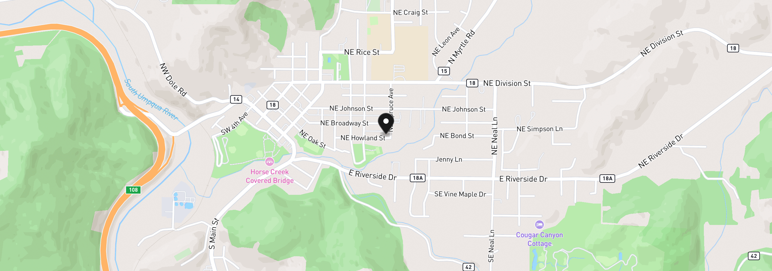 Map showing the location of 206 NE Spruce Ave, Myrtle Creek, OR 97457