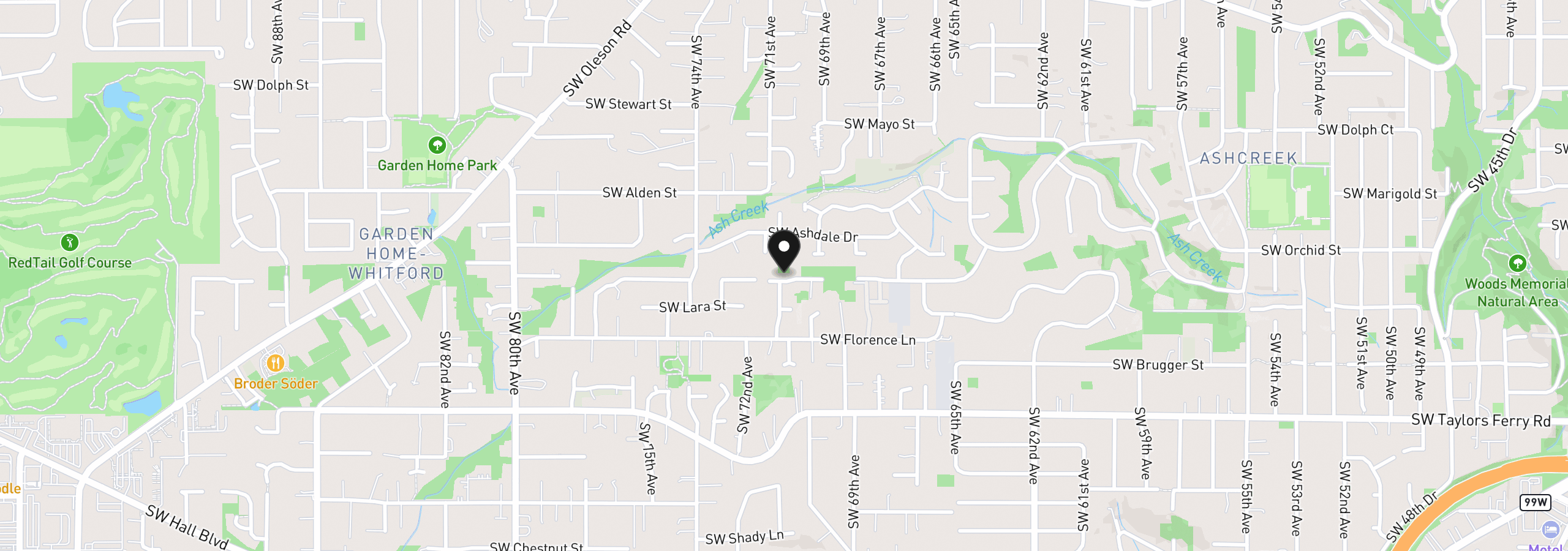 Map showing the location of 7101 SW Leslie St, Portland, OR 97223