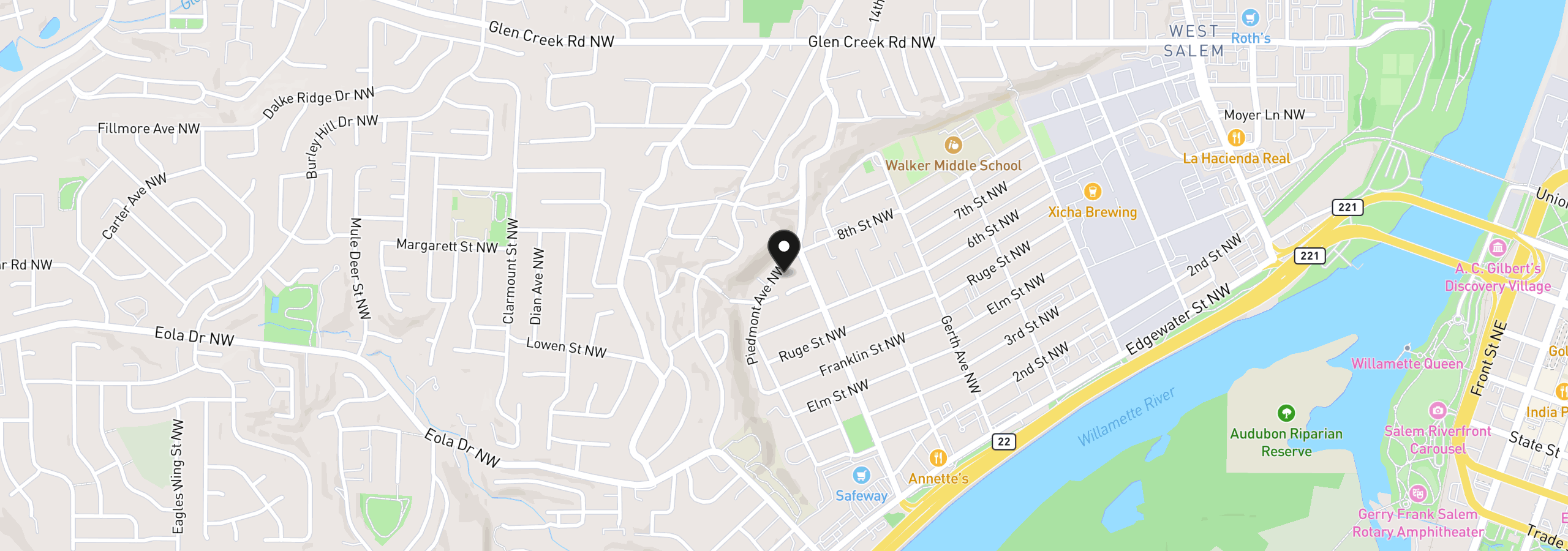 Map showing the location of 850 Piedmont Ave, Salem, OR 97304