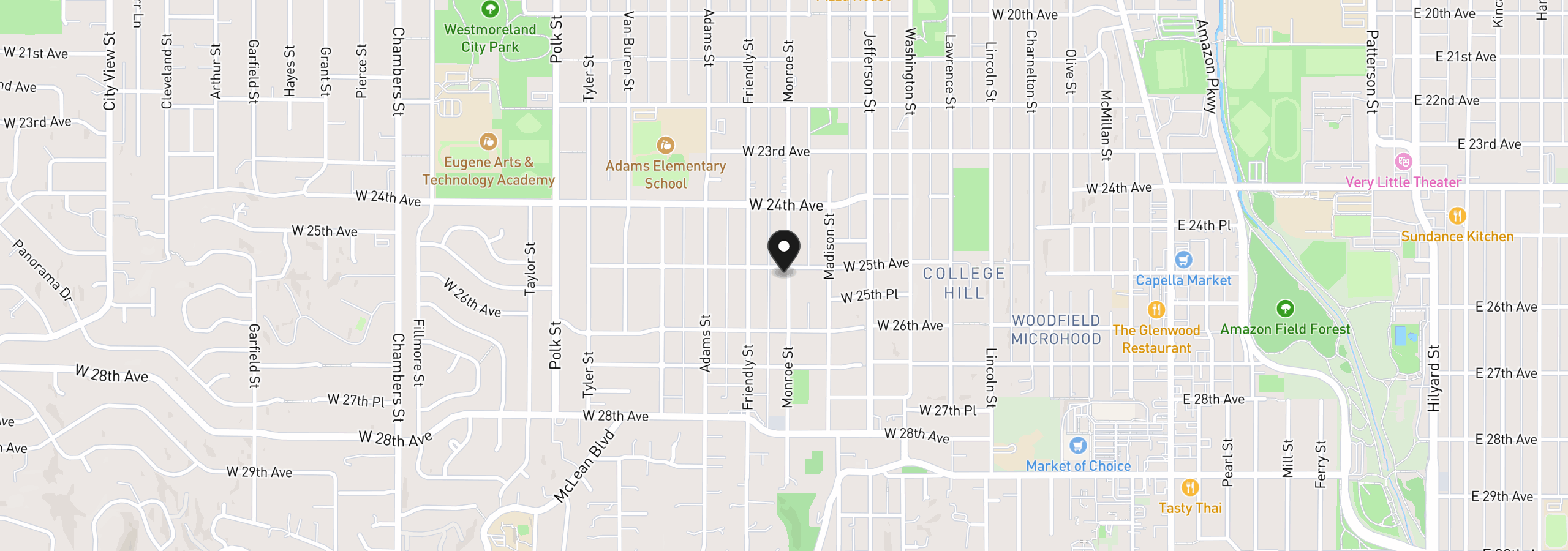 Map showing the location of W 25th Avenue, Eugene, OR 97405