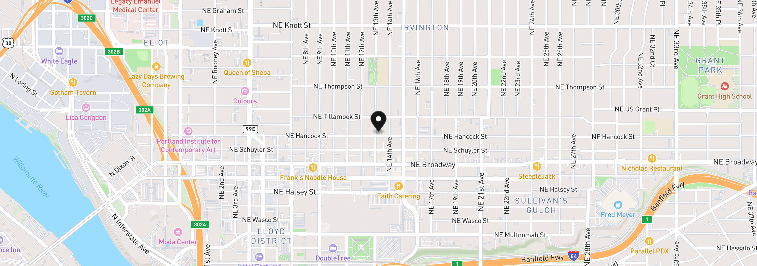 Map showing the location of 1307 NE Hancock St, Portland, OR 97212