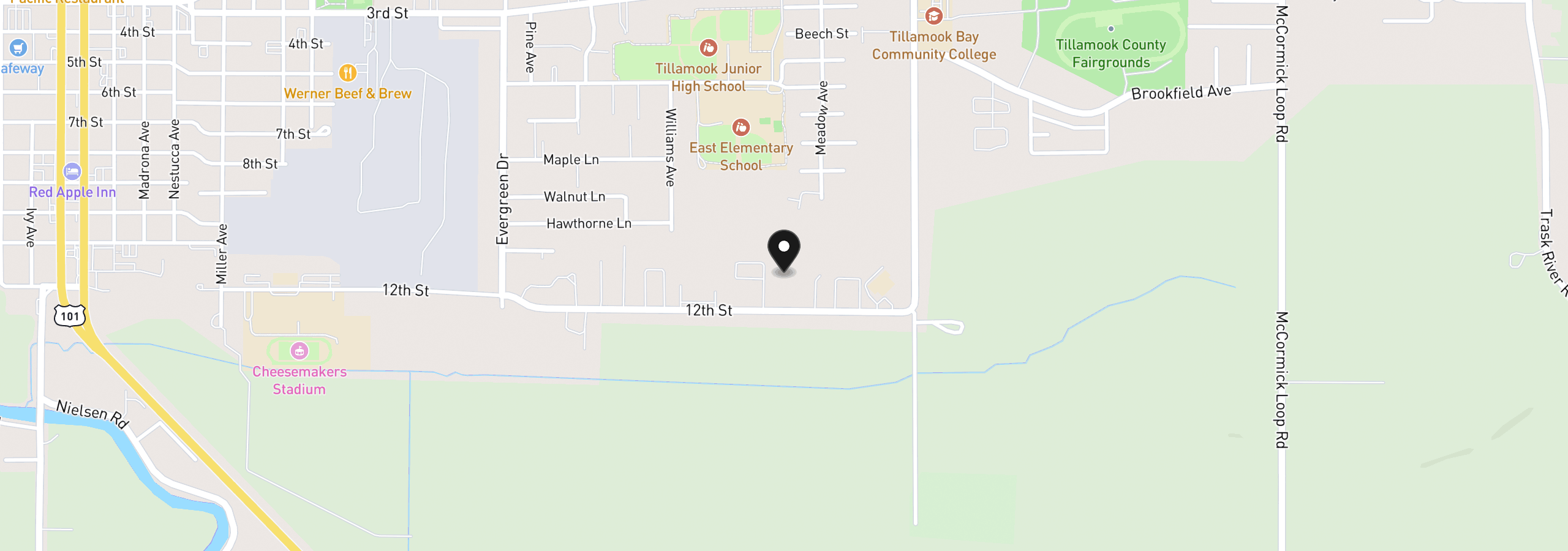 Map showing the location of 02600 12th St, Tillamook, OR 97141