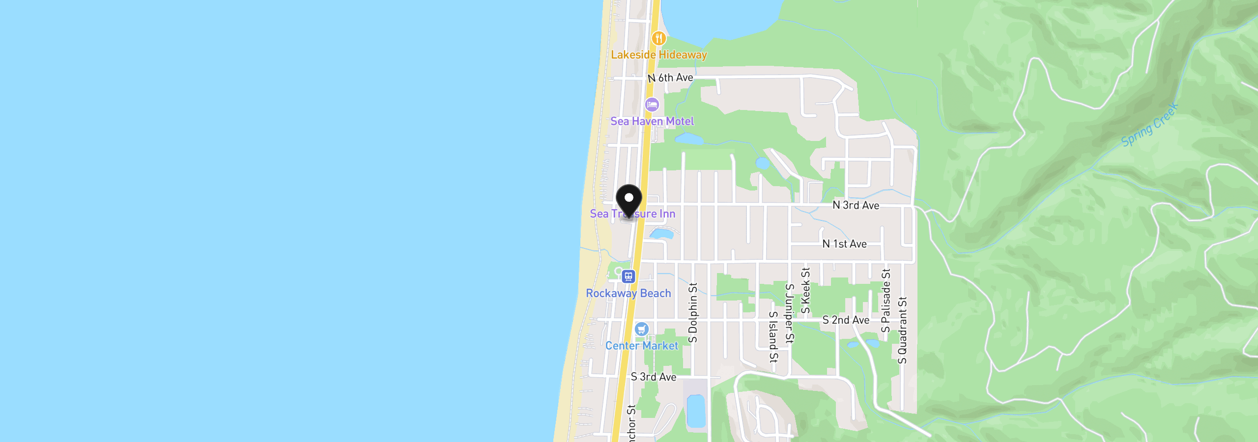 Map showing the location of 102 N 2nd Ave, Rockaway Beach, OR 97136