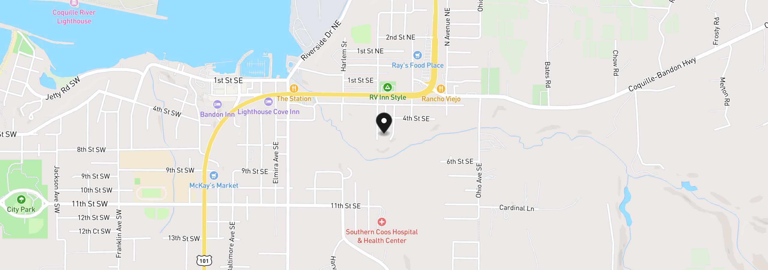 Map showing the location of 498 Klamath Ave SE, Bandon, OR 97411