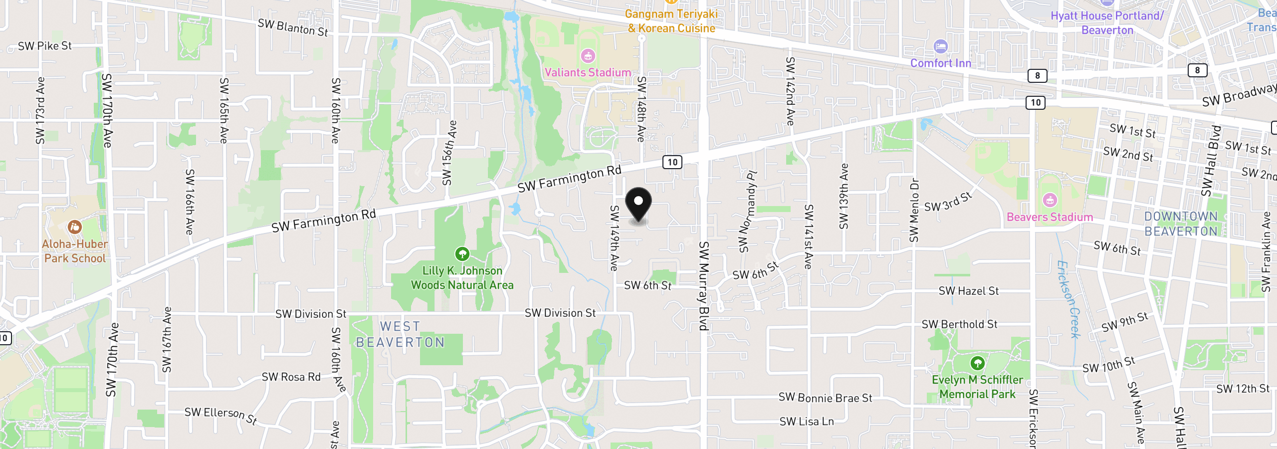 Map showing the location of 14824 SW Woodard Ct, Beaverton, OR 97007