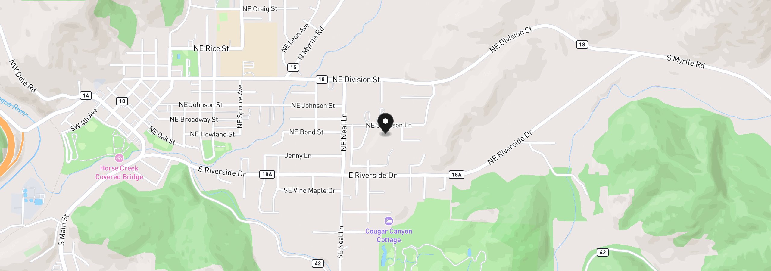 Map showing the location of 0 NE Simpson Ln, Myrtle Creek, OR 97457