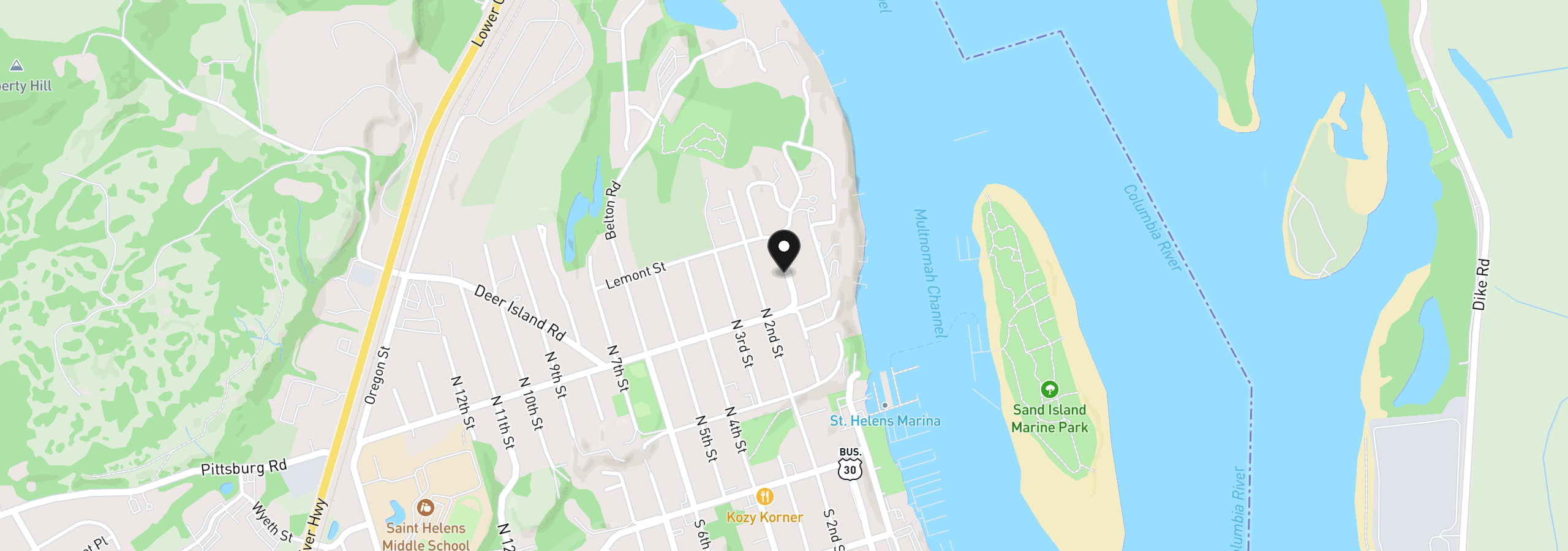 Map showing the location of 357 N 1st St, St. Helens, OR 97051