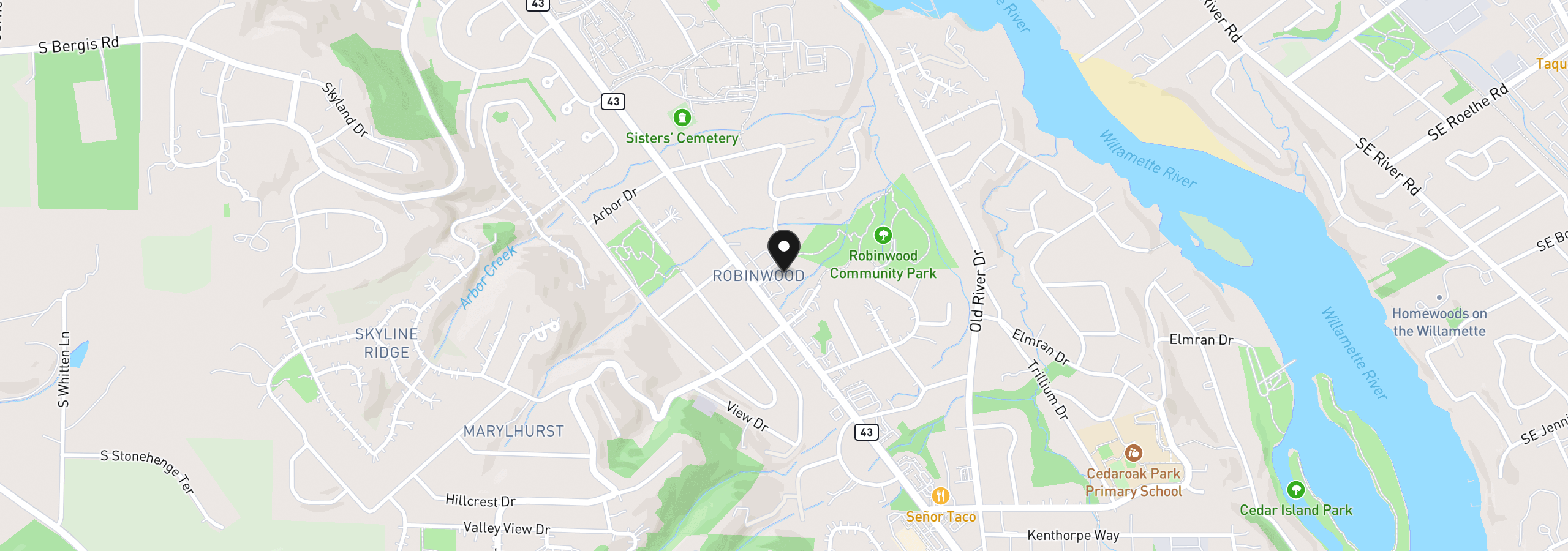 Map showing the location of 18360 Shady Hollow Way, West Linn, OR 97068
