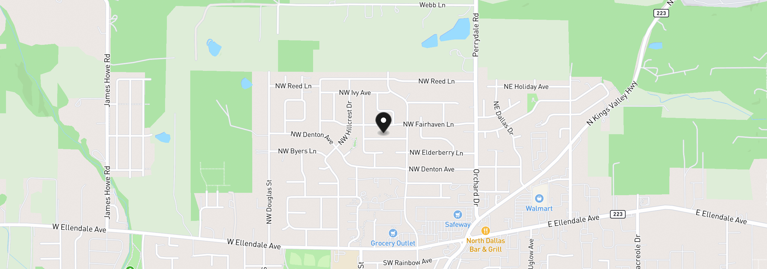 Map showing the location of 338 NW Foxglove St, Dallas, OR 97338