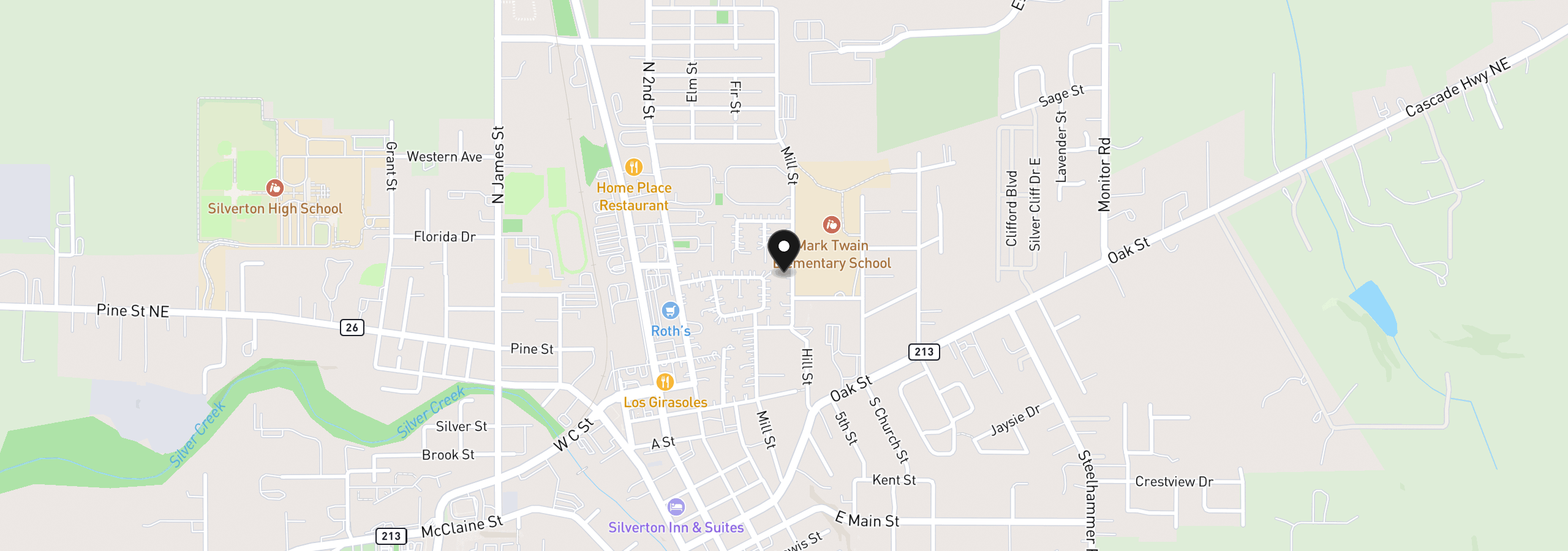 Map showing the location of 951 Mill St, Silverton, OR 97381