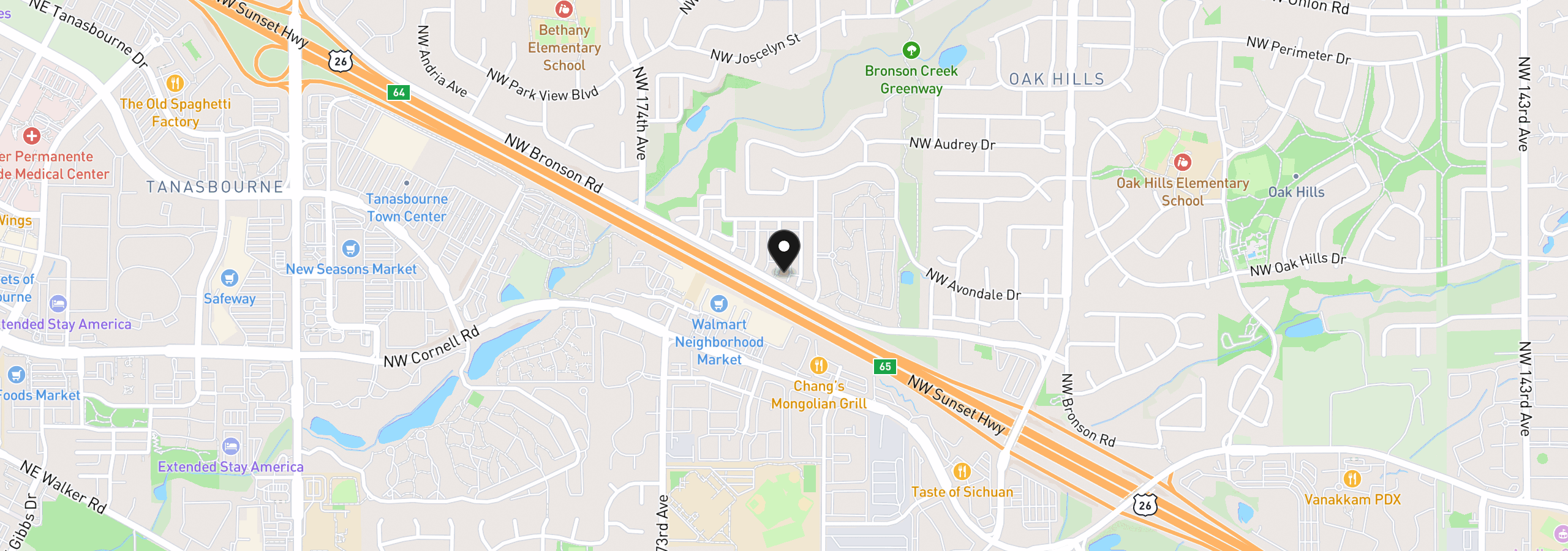 Map showing the location of 2264 NW Oak Knoll Pl, Beaverton, OR 97006