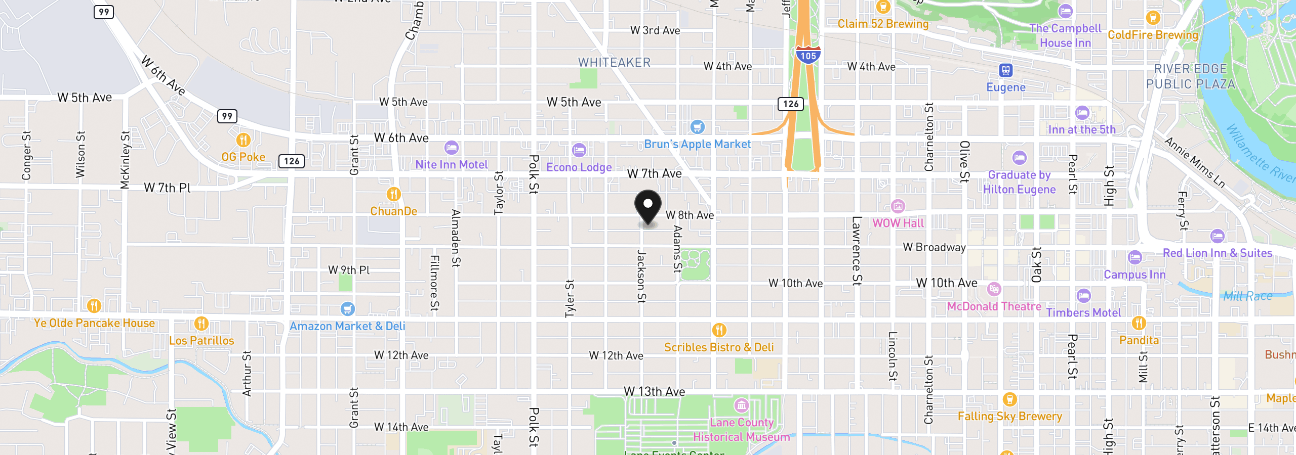 Map showing the location of 841 Jackson St, Eugene, OR 97402