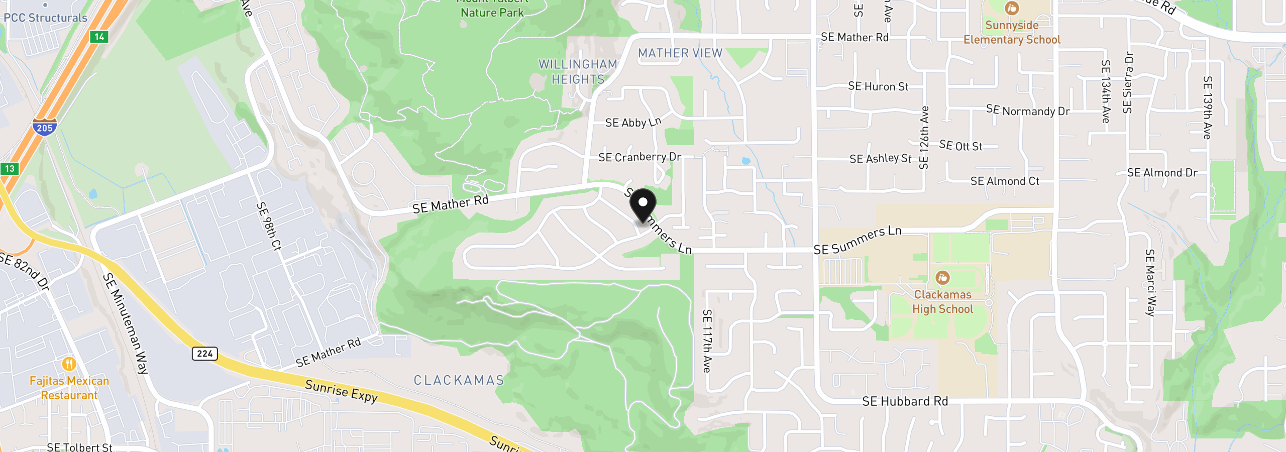 Map showing the location of 14388 SE Meadows Ln, Clackamas, OR 97015