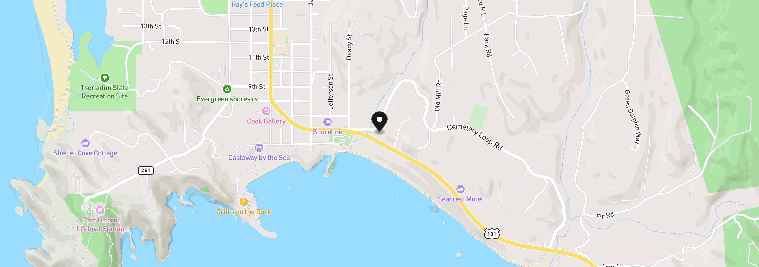 Map showing the location of 2 Highway 101, Port Orford, OR 97465
