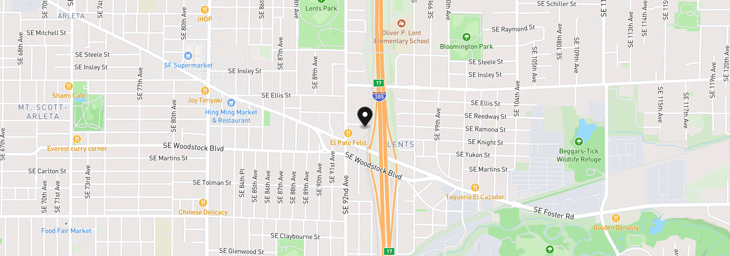 Map showing the location of 9320 SE Ramona St, Portland, OR 97266