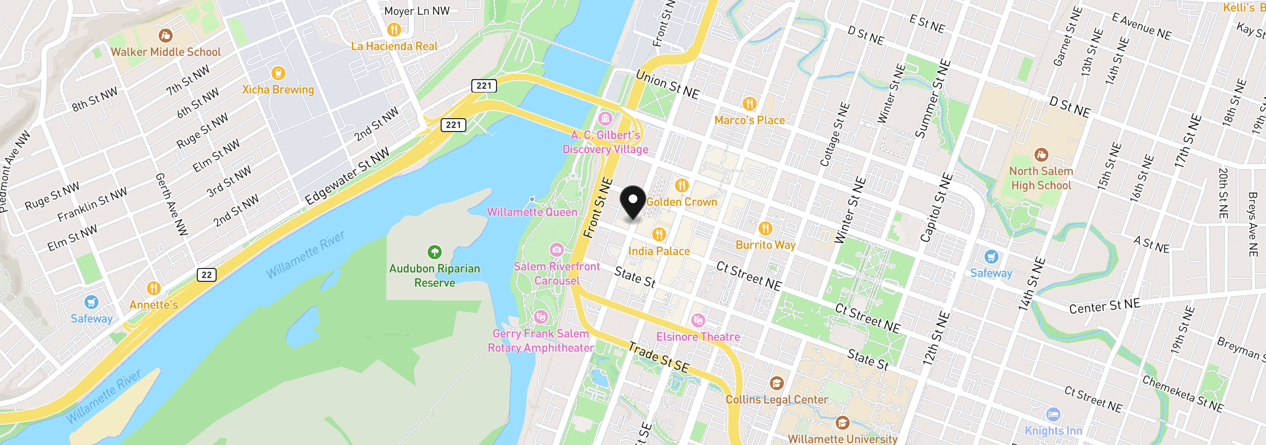 Map showing the location of 227 Commercial St NE, Salem, OR 97301