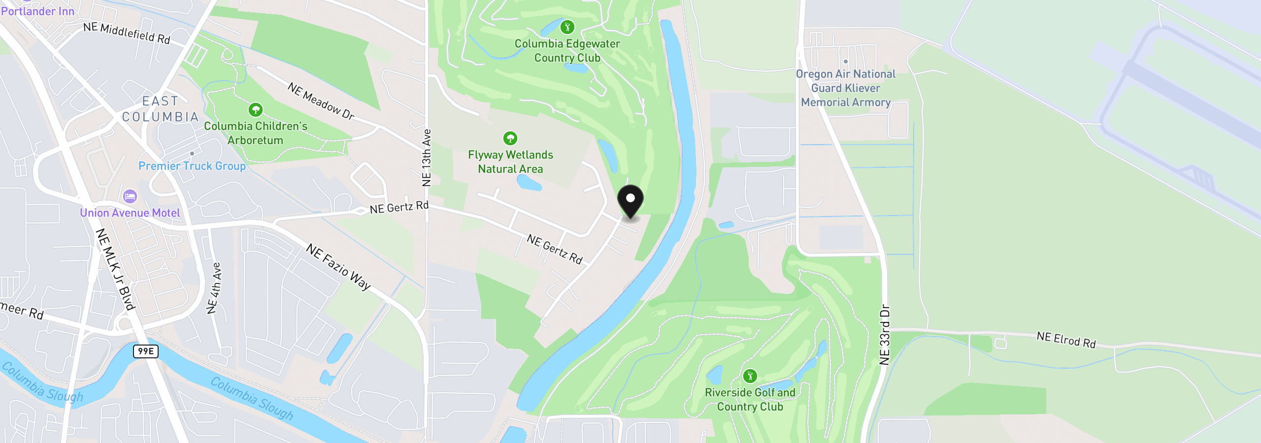 Map showing the location of 9324 NE Levee Rd, Portland, OR 97211