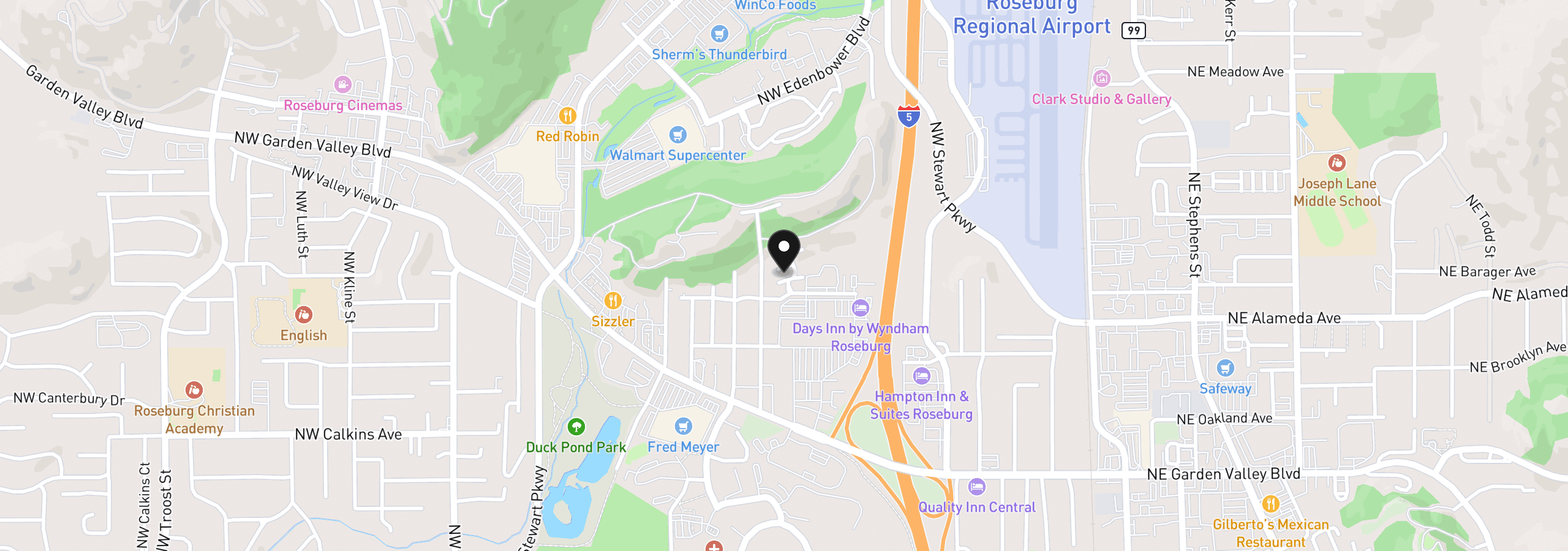 Map showing the location of 8 NW Mountain View Dr, Roseburg, OR 97471