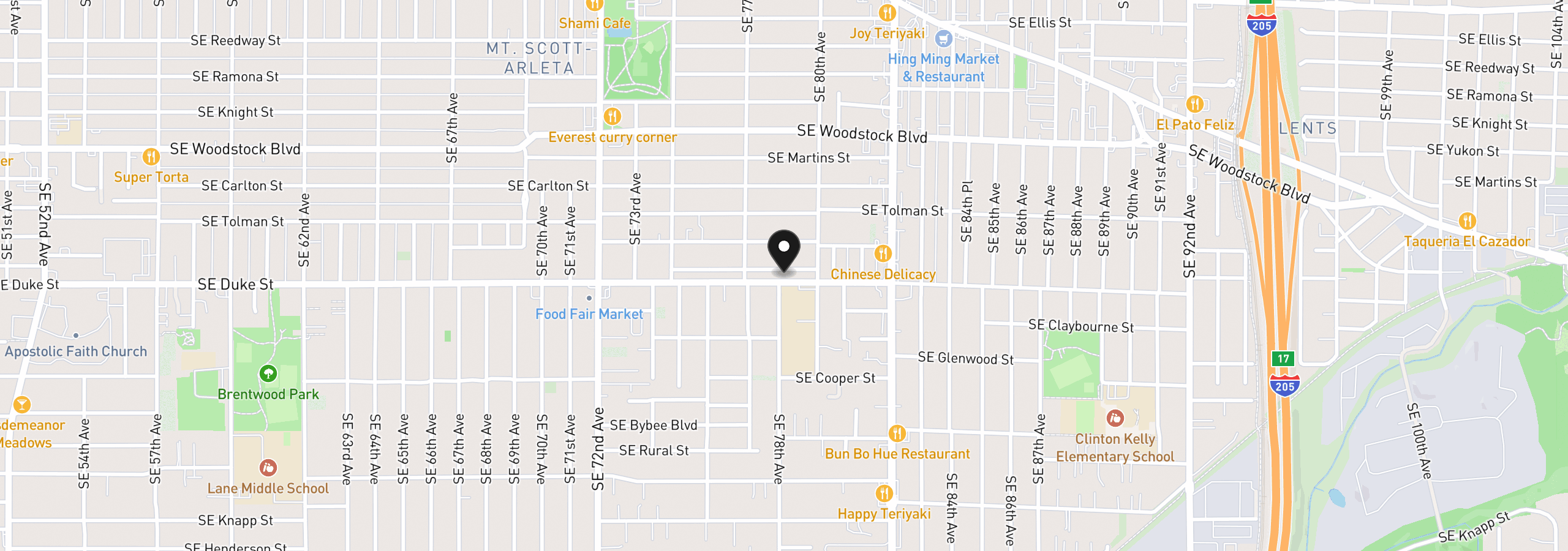 Map showing the location of 7819 SE Duke St, Portland, OR 97206