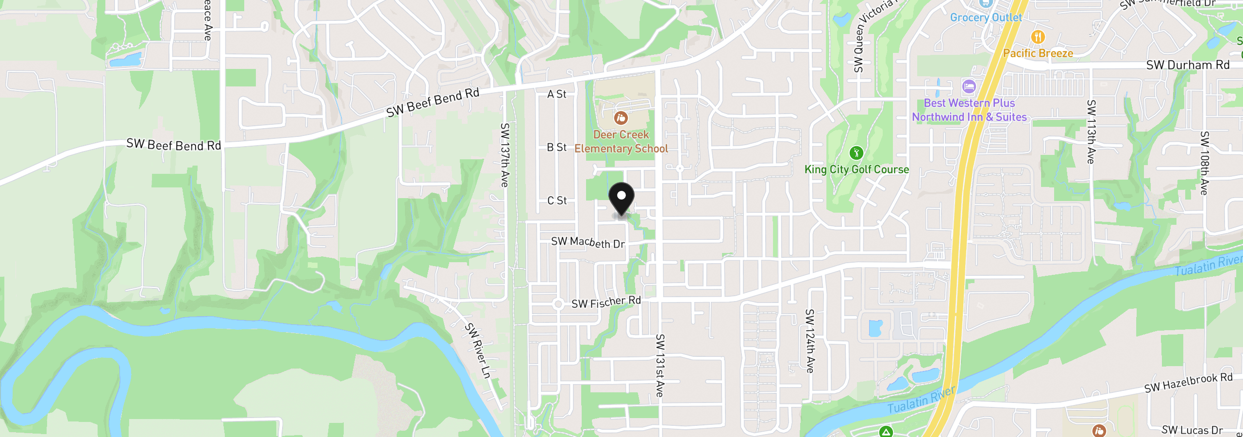 Map showing the location of 13331 SW Roseberry Ln, King City, OR 97224